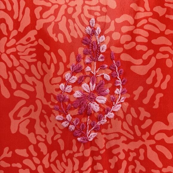 Amaya 100% Silk Embroidered Tunic Top Sz 44 US L Pink Coral Tropical Boho Flowy - Picture 6 of 13